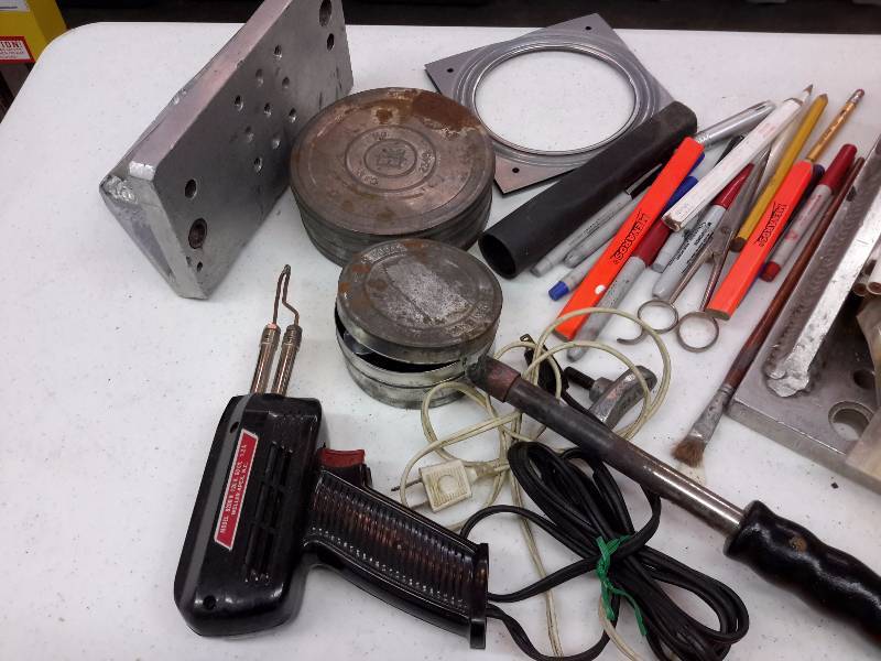 3 soldering irons, 2, 90 degree aluminum brackets, pencilsbrushes as pictured
