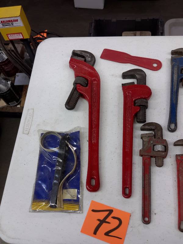 2 Larger Ridgid and other maker Pipe Wrenches, Faucet Wrench, Strap Wrench