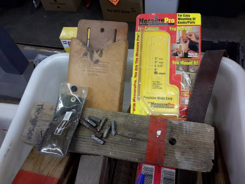 2 Bucket boss tool pouch plus 1 bucket, misc. shims, leveling items, bits