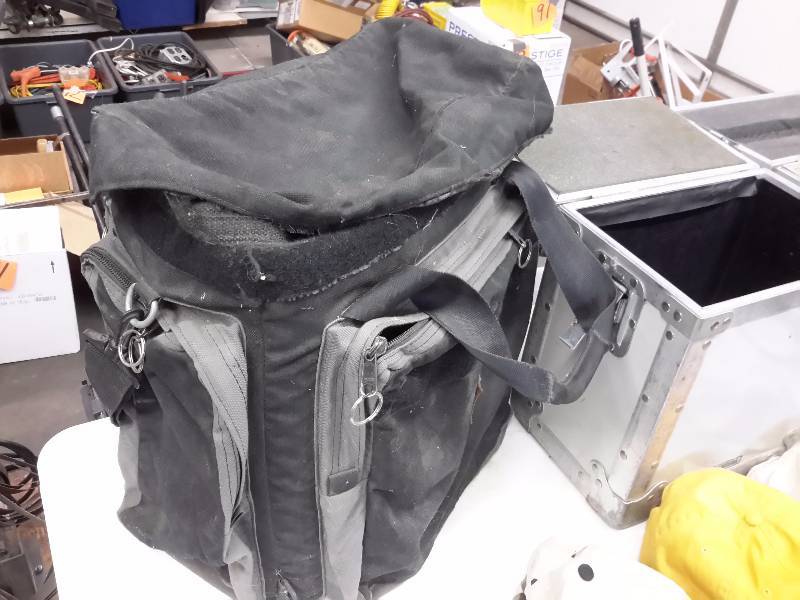 Canvas bag, hard side shipping cases, 12in x 8 in x 14in  12in x 8in x 13 in.. 110 V to 12 V Electrical converter.. Works well.  3 Baseball caps