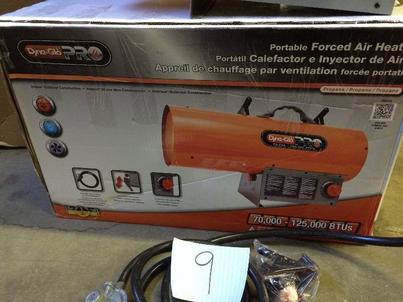 lot 9 image: Dyna-Glo Pro 125K BTU Forced Air LP Gas Portable Heater Model # LPFA125H