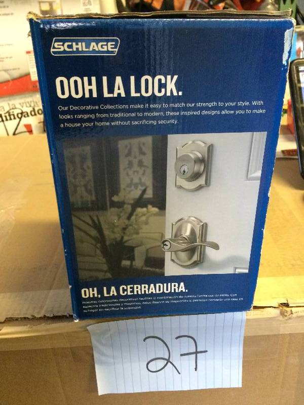 lot 27 image: Schlage Merano Single Cylinder Satin Nickel Century Trim Security Set Lever NEW