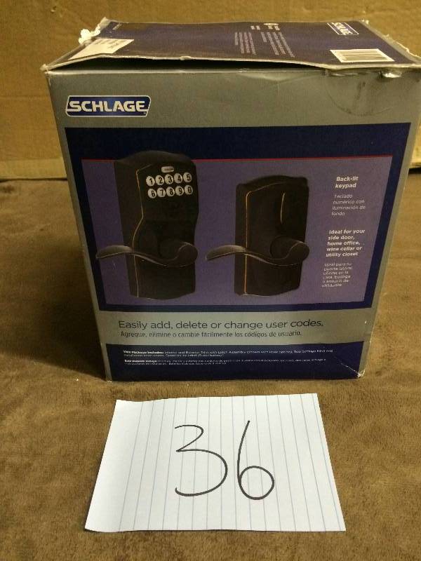 lot 36 image: Schlage  Camelot Aged Bronze Accent Keypad Lever New