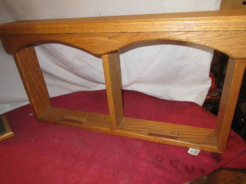 lot 123 image: SOLID OAK WALL SHELF AND TABLE CLOCK