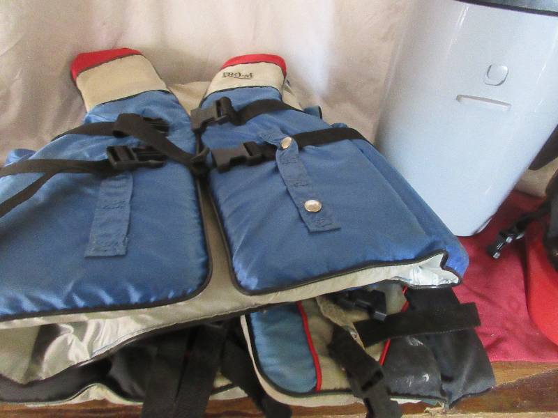 lot 144 image: 2 LIFE JACKETS AND 1 GARABE CAN 1 HELMET 1 HARD HAT