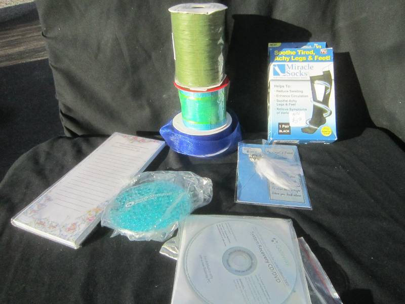 NEW-ROLLS OF RIBBON, MIRACLE SOCKS, BELIEVE PIN, NOTEPAD, MISC