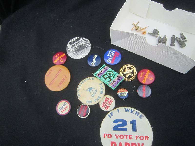 16 PINS,(SOME POLITICAL, 2 AIRPLANE) 9 MINITURES, PEWTER PIECES