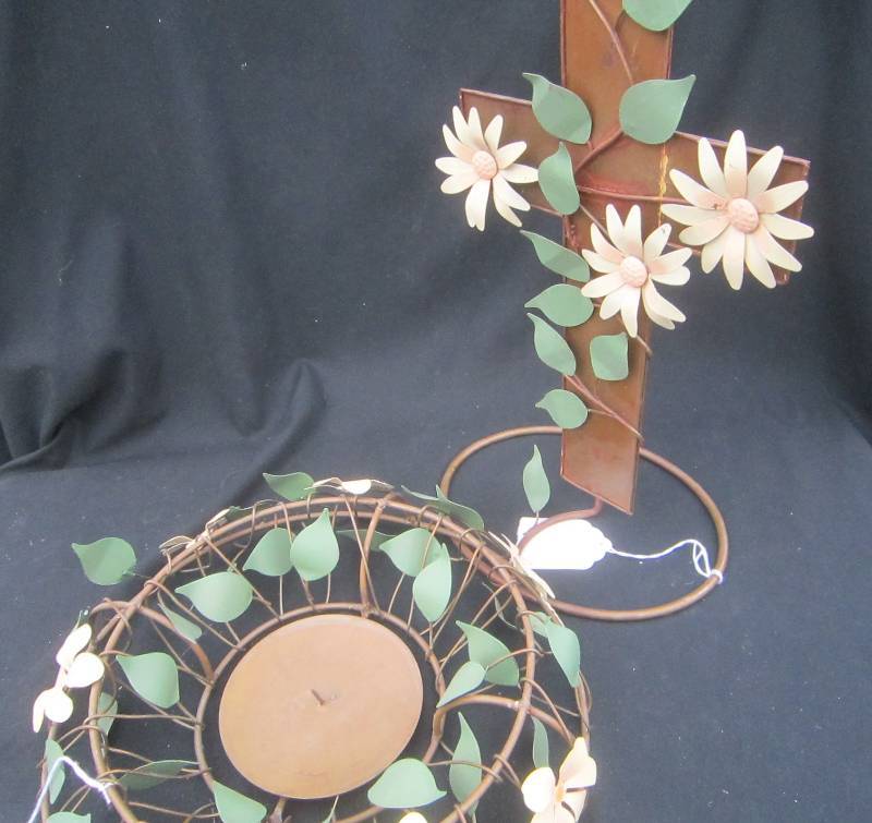 METAL CROSS AND METAL PILLAR CANDLE HOLDER