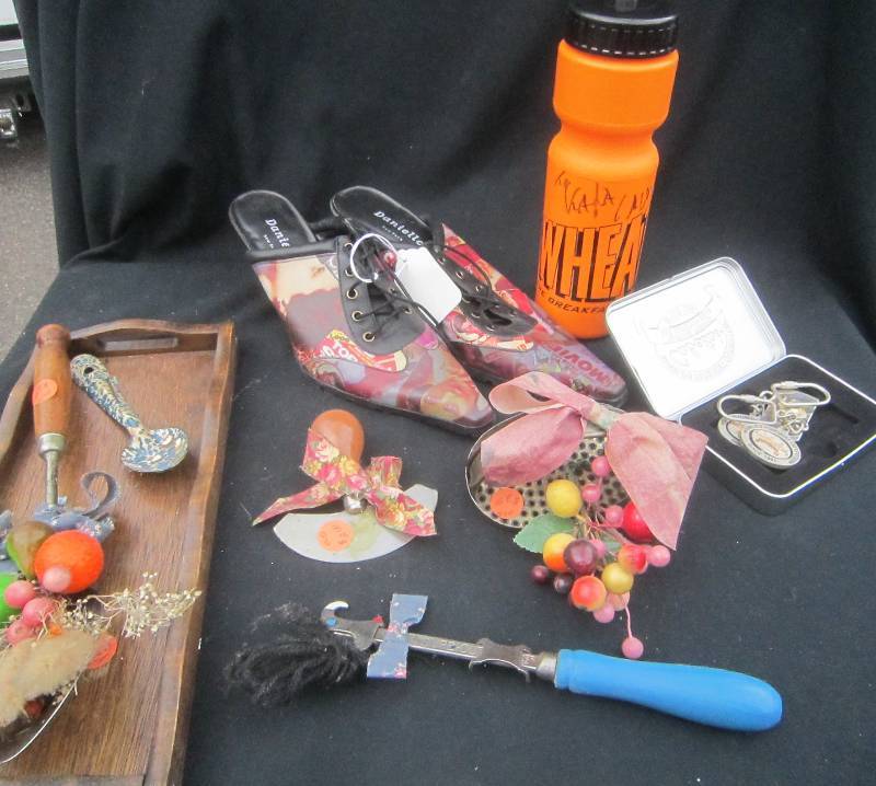 CABELLA KEY CHAINS, MONEY CLIP, ANTIQUE KITCHEN UTENSILS, ETC.