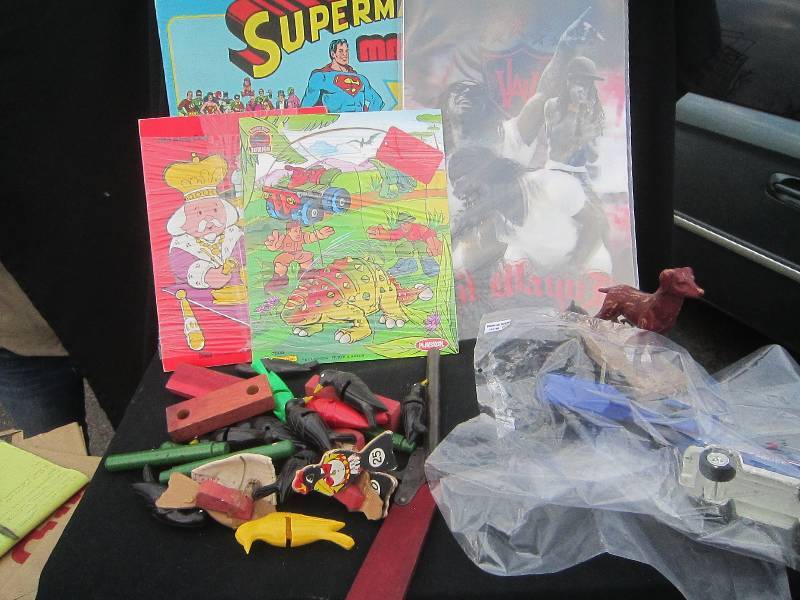 POLICE CAR, HELICOPTER, SUPERMAN GAME, VAN HALEN POSTER, PUZZLE, BAG OF ANTIQUE TOYS