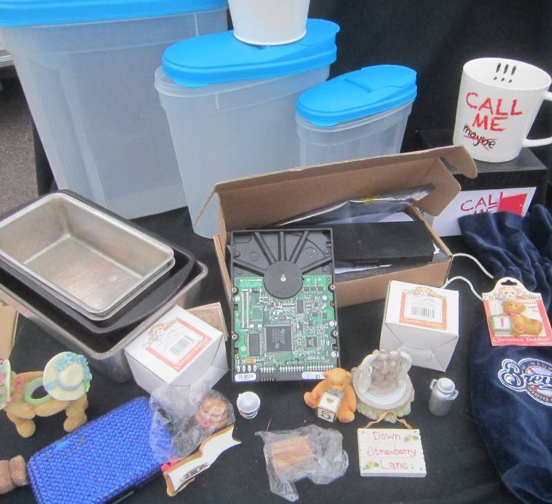 NEW-PLASTIC CONTAINERS, (STACKABLE), 4 CALL ME MUGS, 4 CAKE PANS,13 CHERISHED TEDDIES ETC