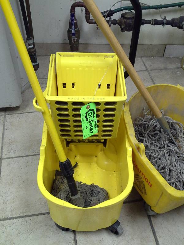 lot 19 image: 2 Mop Buckets With 2 Mop handles