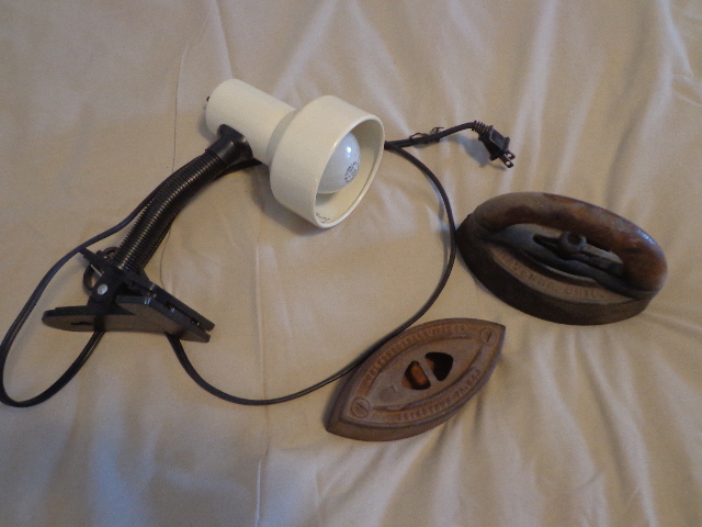 lot 104 image: Clip On Lamp, 2 Cast Iron Irons