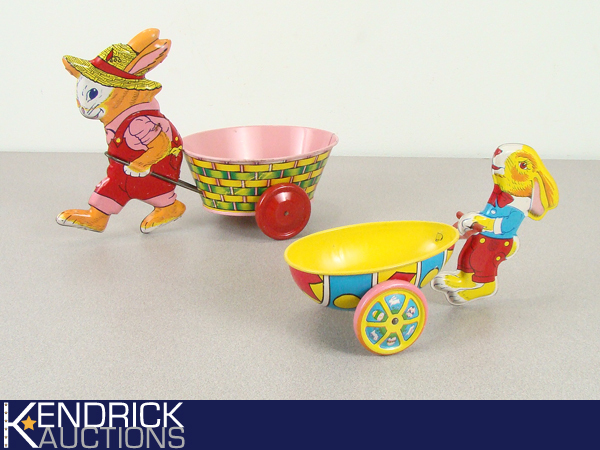 2 Vintage J. Chein & Co. Tin Bunnies PushingPulling Carts