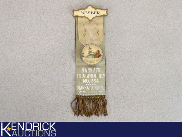Large Antique (1902) Mankato Typographical Union MemberMemorial RibbonPin