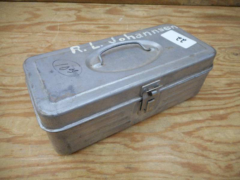 lot 22 image: Vintage Steel Tackle Box With Assor...