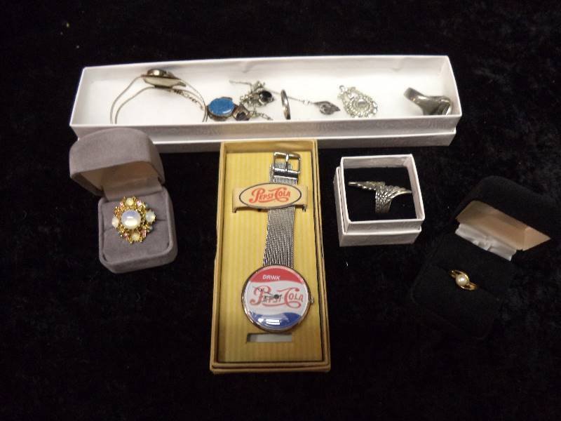 Lot - Misc Jewelry, Rings, Pepsi Watch, etc