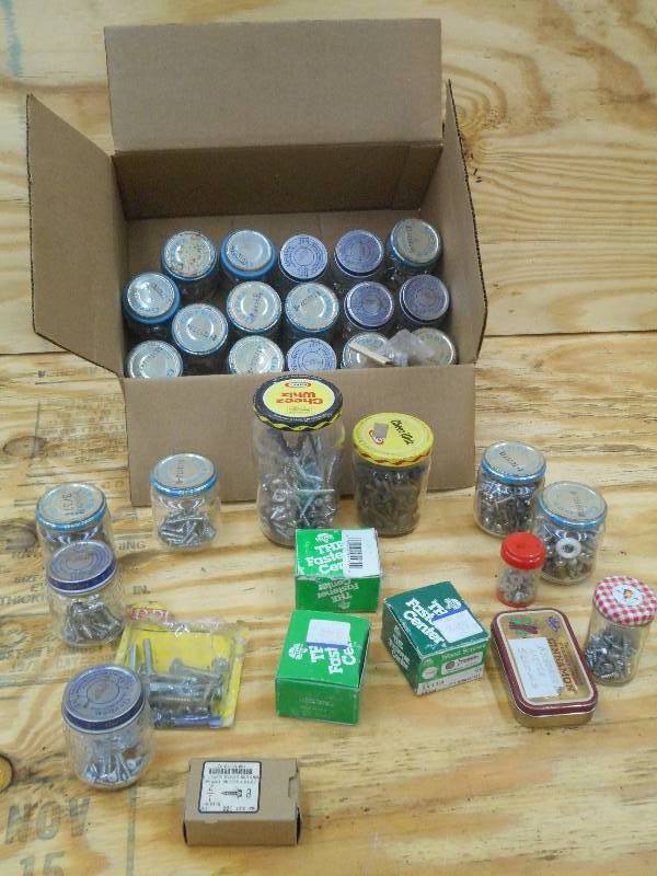 lot 35 image: Box Of Jars Full Of Assorted Hardwa...