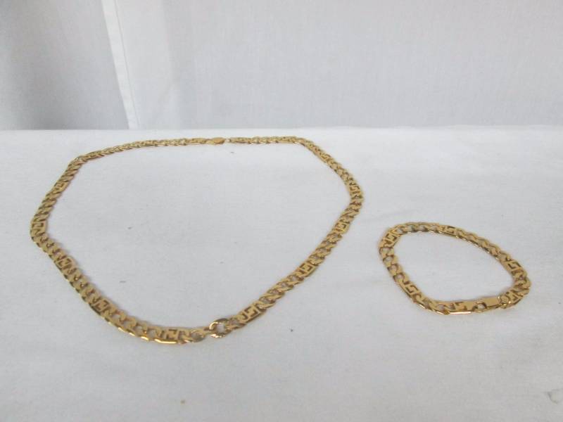 Goldtone Steel Greek Curb Necklace & Bracelet Set