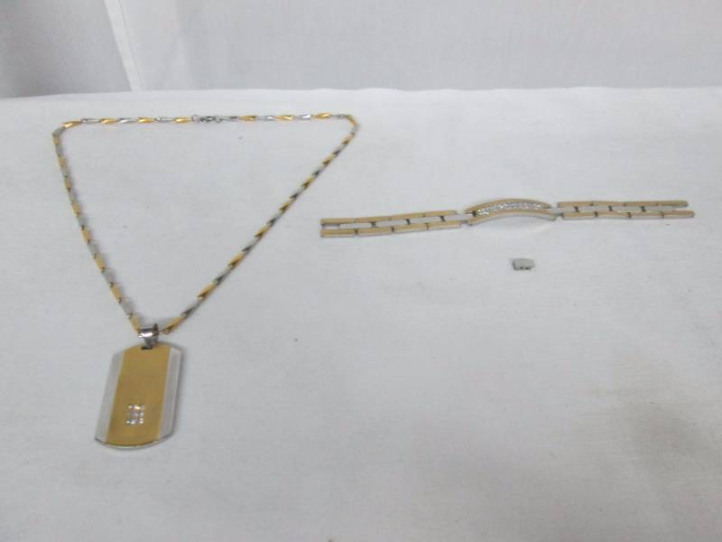 Two-Tone Stainless Steel CZ Dog Tag & Bracelet Set