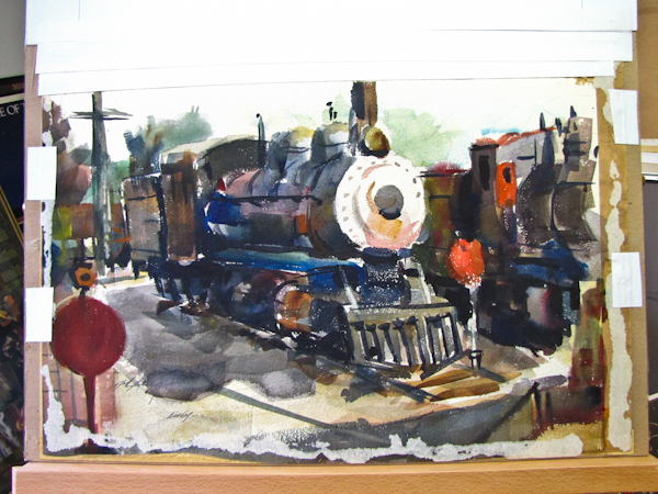 lot 40 image: Signed Original Watercolor.  Lonesome Trains
