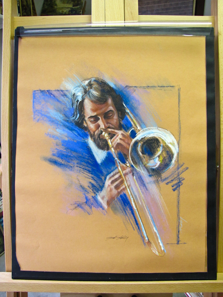 lot 38 image: Original commercial art drawing, signed.  Musiciantrombone