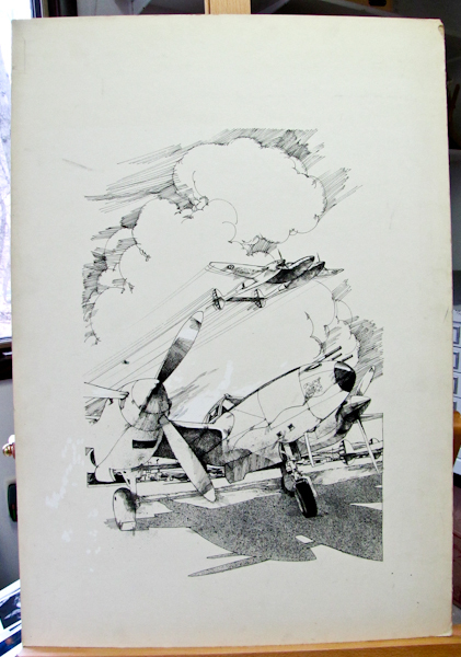 lot 58 image: Original commercial art drawing, signed.  Military Plane