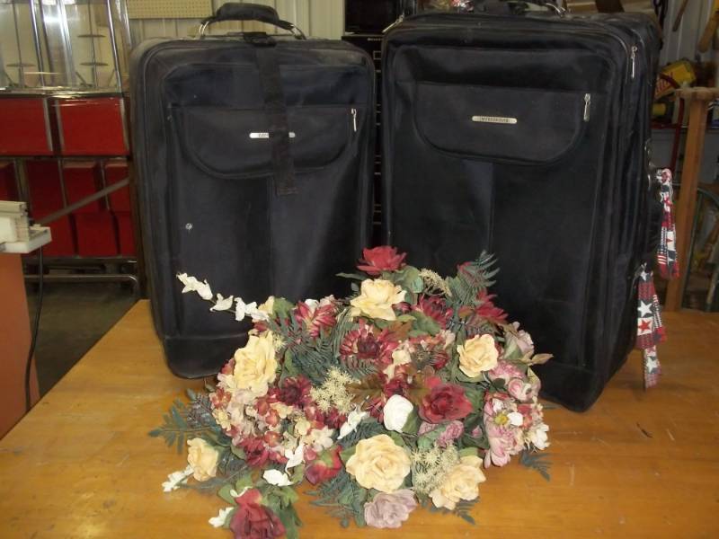 2 Impressions Suit Cases and Plastic Flower bouquet