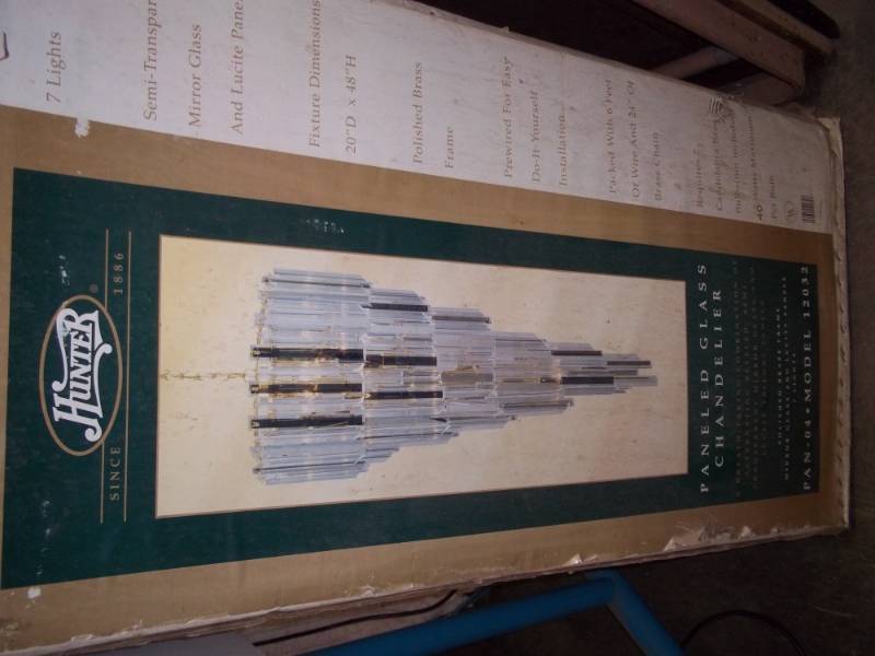 New Hunter  Paneled Glass Chandelier in box 20D x 48H