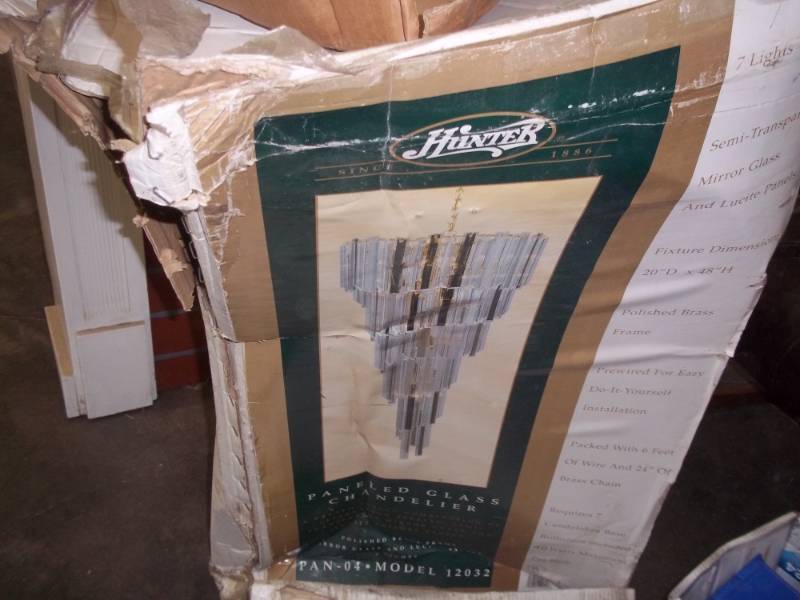 New Hunter  Paneled Glass Chandelier in box 20D x 48H
