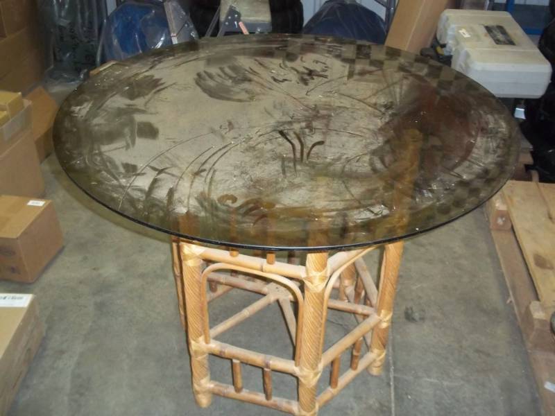 Table w Wicker Frame and Smoke Glass Top 30high x 39