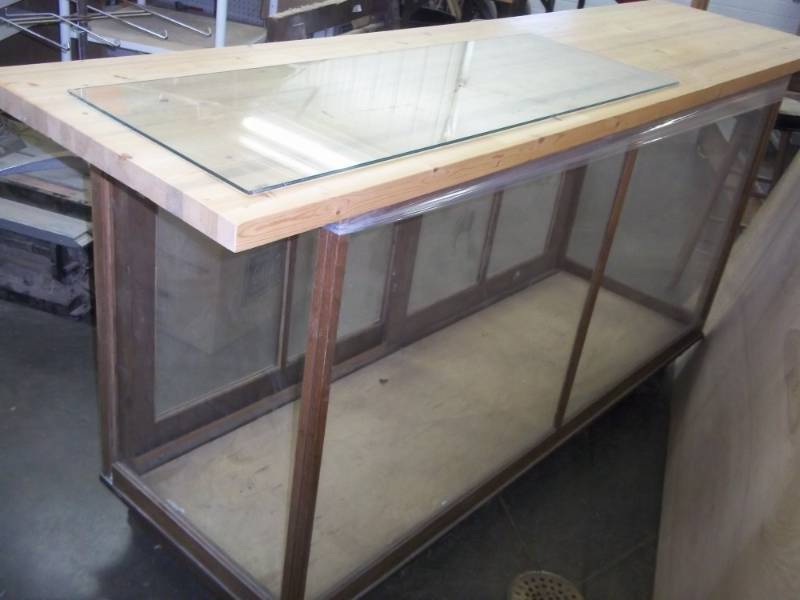 Display Case wWood Table Top 23 12x90 14, Glass Panel Sides 70x22 12x41