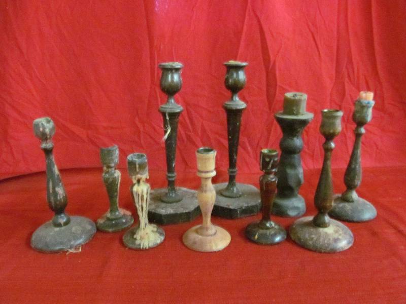 lot 128 image: vintage wood candle stick holders