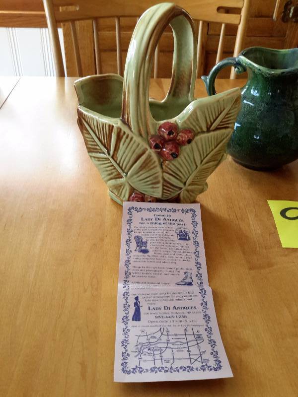3 McCoy, pottery items.  Pitcher, plant vase,