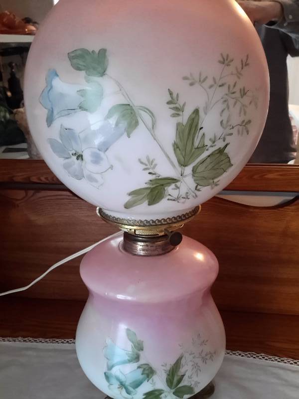 Vintage Globe Shade Parlor Lamp with Floral Design and Brass Base