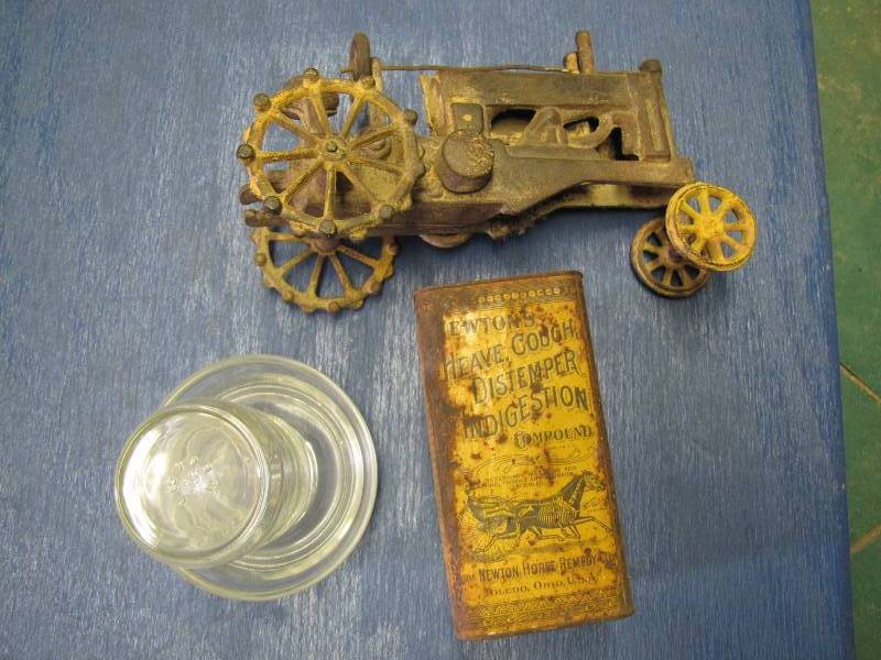 Cast Iron Toy Tractor, Chick Waterer, Horsey Medical Tin