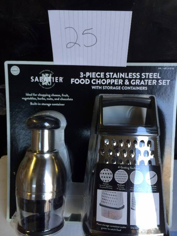 lot 25 image: Sabatier-3-Piece-Stainless-Steel-Food-Chopper-Grater