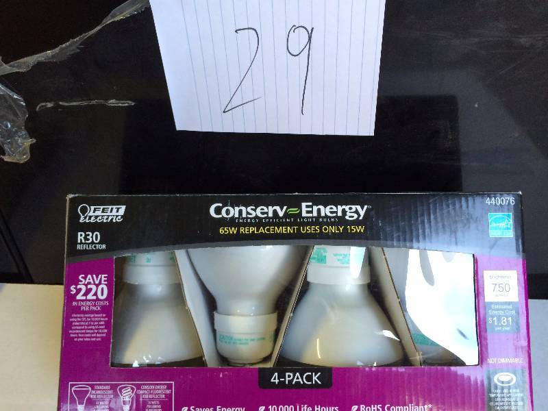 lot 29 image: Feit Electric R30 Reflector 65W Replacement Bulb, Uses 15W - 4-Pack