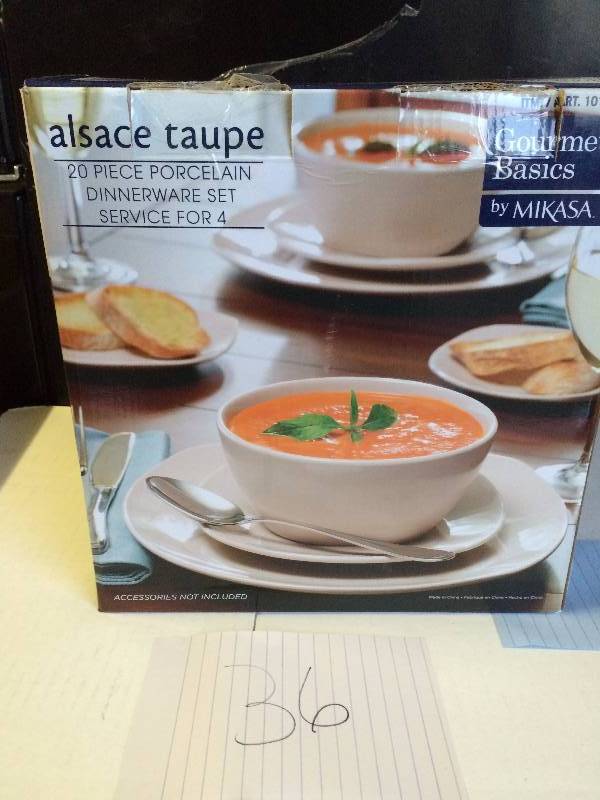lot 36 image: MIKASA Gourmet Basics Alsace Taupe 20-Piece Porcelain Dinnerware Set
