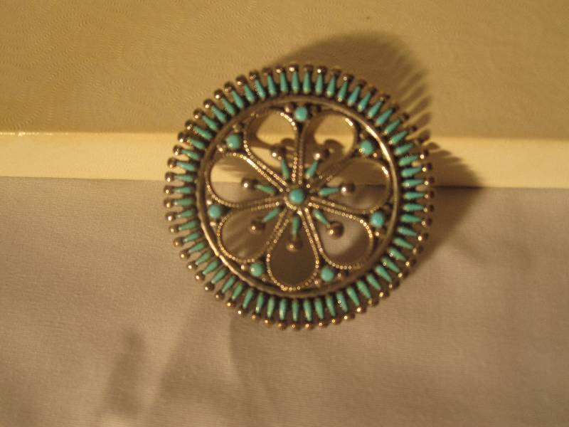 lot 1 image: Vintage Zuni needlepoint silver and turquoise pin by artist V.S. Johnson