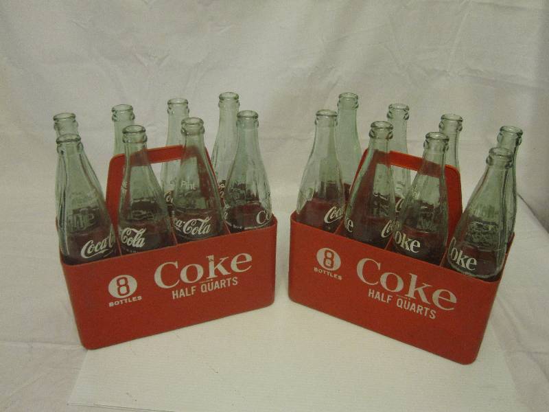 lot 53 image: 2 vintage 8 pack plastic carriers of  Coca Cola 1 Liter bottles