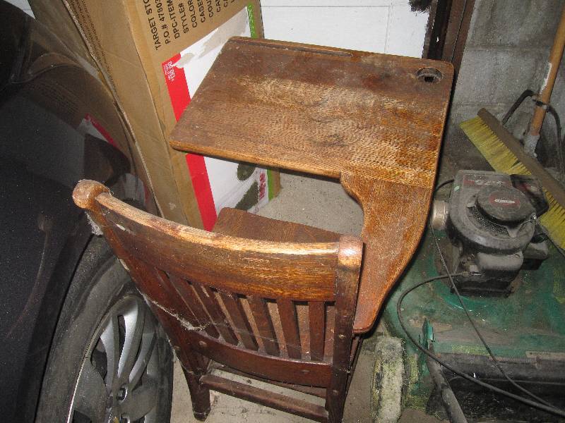 lot 69 image: Vintage wood school deskchair and vintage corner shelving unit