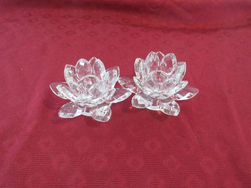 2 LG CRYSTAL FLOWER CANDLE HOLDERS