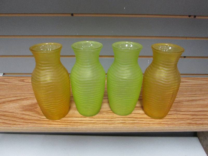 Lot of 4 glass vases 2 green, 2 yel...