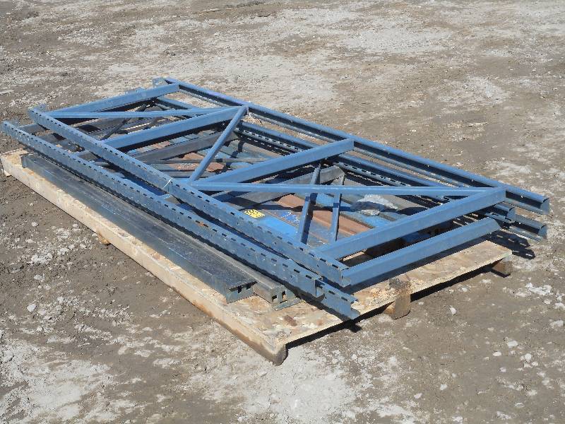 lot 1 image: Pallet Racking (3) 12ft Uprights, (10) 9ft Cross Beams, Bag Of Connecting Hardware Included, Used But In Good Condition