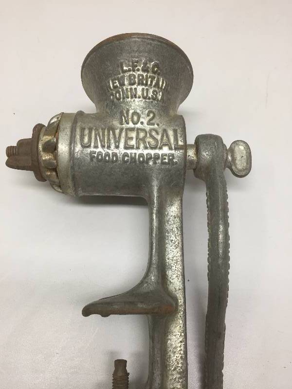 UNIVERSAL #2 FOOD GRINDER, VINTAGE LOG CABIN BOTTLE AND PLANTERS PEANUT CONTAINOR