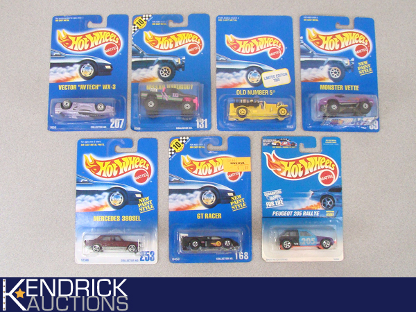 lot 10 image: 7 Vintage MINT on Card 1990-1997 Hot Wheels Cars Including Error Car