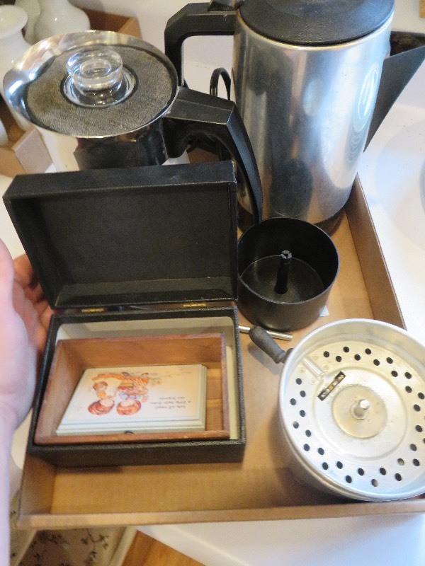 Vintage coffee makers and recipe boxes