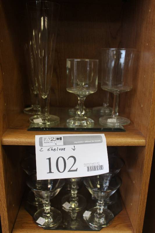 lot 102 image: 2-Shelf Lot of Miscellaneous Glassware