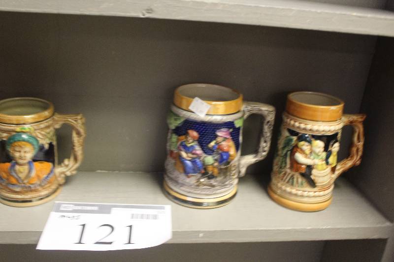 lot 121 image: Shelf Lot of Ceramic Beer Steins